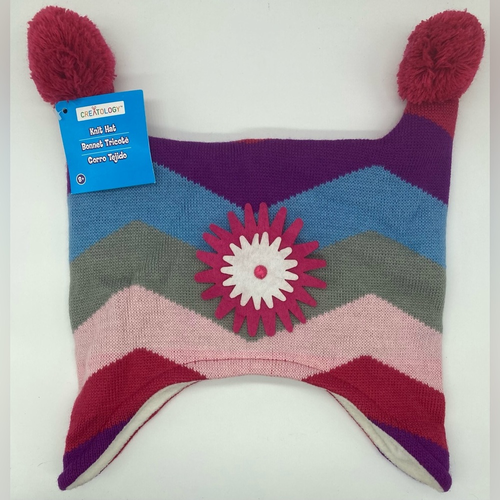 NWT - Creatology - Girl’s Beanie Knit Hat with Flower and Pom Poms